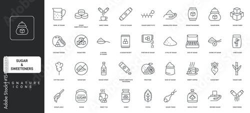 Crystal sugar cubes, hand with powder pile, sugarcane and sugarless product sign thin black symbol vector illustration. Sugar and sweetener in bag, bowl, spoon for coffee or tea line icon set.