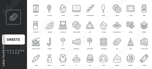 Chocolate candy box and bar, ice cream and macarons, marshmallow thin black symbols vector illustration. Sweets in confectionery menu, candy and cookie, jam jar and meringue line icon set.