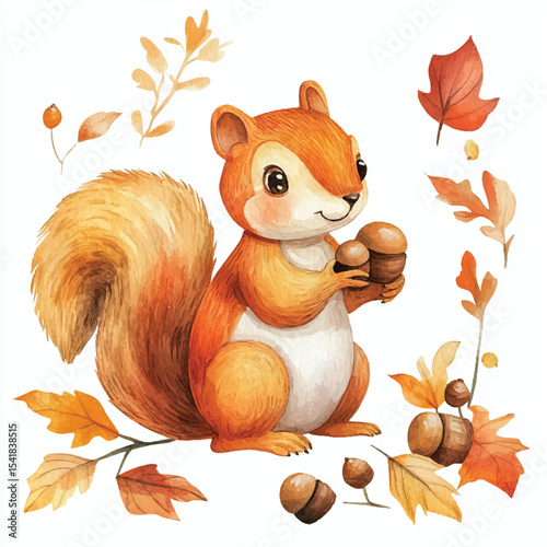 Adorable Autumn Squirrel with Acrons and Fall Leaves