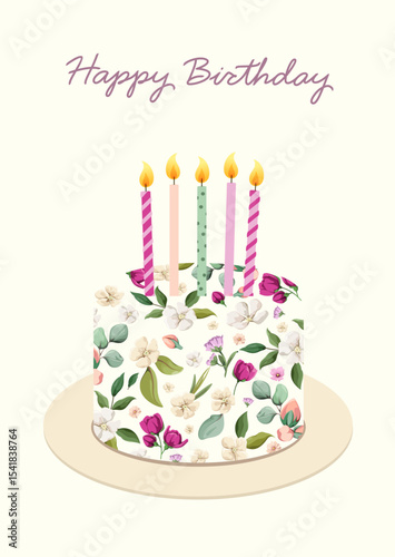 Happy Birthday. A cute card with a flower cake and candles.