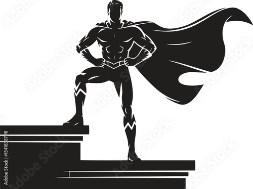 Silhouette of Superhero with Cape. Power, action, comic, heroism, fantasy. Vector illustration on white background