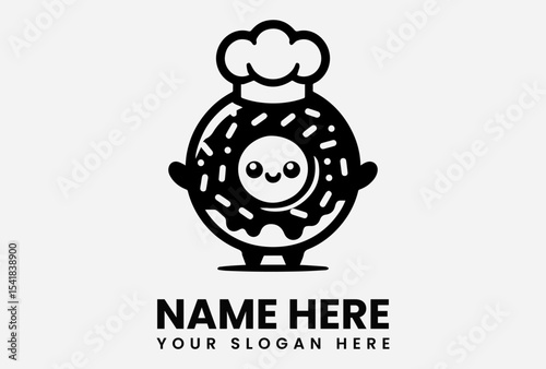 Cute cartoon donut chef logo design, with a chef's hat and friendly expression.