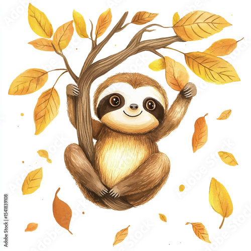 Adorable Autumnal Sloth Hanging from a Branch