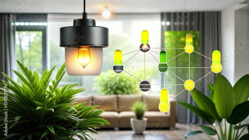 Smart home scheme in modern living room with plants and lighting  