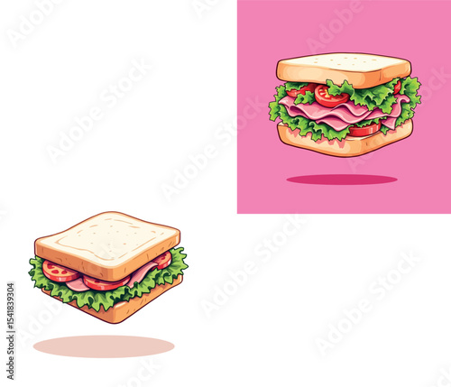 Vsai delicious floating sandwich with ham, lettuce, and tomato on white and pink backgrounds