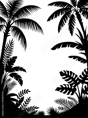 Tropical frame made from palm tree and leaf black silhouettes. Vector botanical border isolated on transparent background. Perfect for summer design, posters, and templates