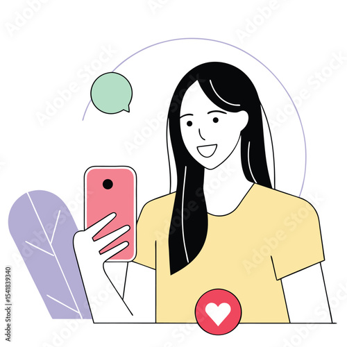 Smiling young woman with black hair holds a pink smartphone and communicates