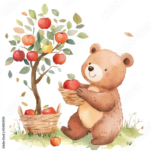 Adorable Bear Gathering Apples from a Colorful Orchard Tree