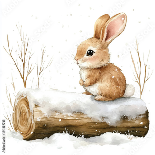 Adorable Brown Bunny Resting on SnowCovered Log in Winter