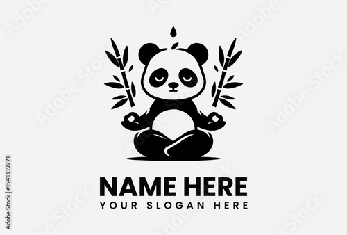 Cartoon panda bear meditating in lotus position with bamboo stalks behind, black and white graphic.