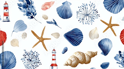 Watercolor nautical pattern with shells and starfish
