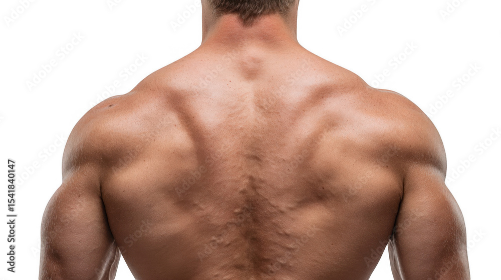 Fototapeta premium Close up of a muscular bodybuilder showing his defined back and shoulders, highlighting his physique and strength against a transparent background, perfect for fitness and health related projects