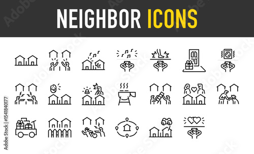 Set of Neighbor vector icons. such as Peace, Good, Music, Loud, Home, Sound, Angry, Baby, Emergency, Barbecue, Connection, Romance, Dog, Gift, Alert, Location, Watch Over illustration.