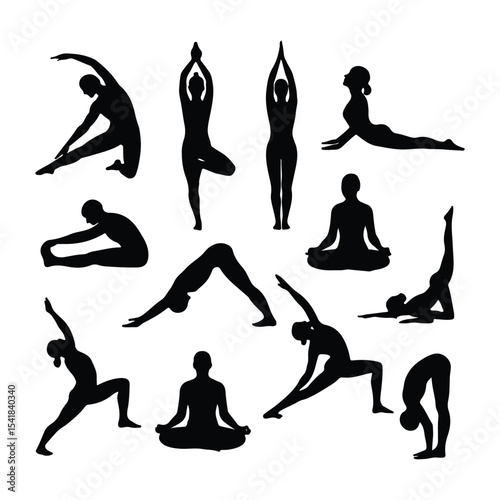 Diverse Yoga Poses Silhouettes for Fitness and Well being, A Collection of Yogic Asanas Showcasing Flexibility, Balance, and Strength