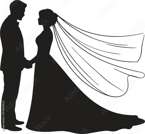 Silhouette of Wedding Couple. Love, marriage, romance, bride, groom. Vector illustration on white background