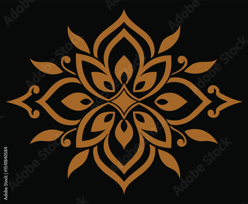 Ornate Geometric Floral Design with Symmetrical Arrangement in Brown on Black Background Offering a Sense of Balance and Sophistication