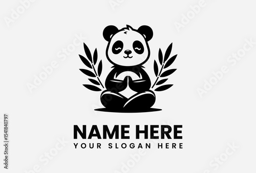 Serene panda bear meditating in lotus position, flanked by olive branches, logo design.