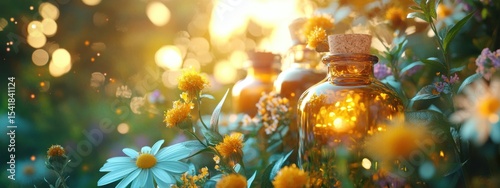 Golden Herbal Bottles Blooming Flowers Natural Remedy Sunlight