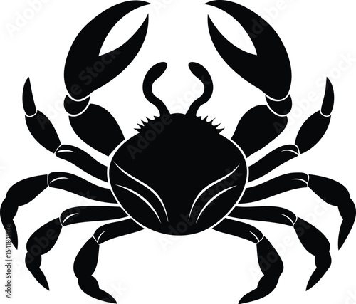 Black silhouette of a crab with claws raised up on white background
