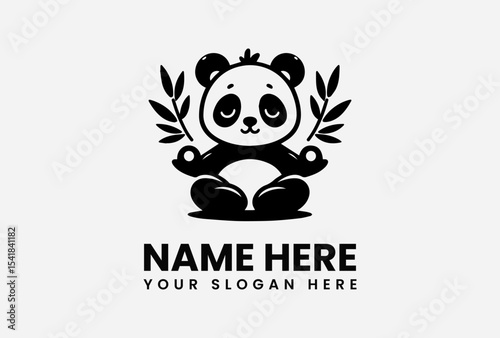 A stylized panda bear in a meditative pose, with bamboo leaves.