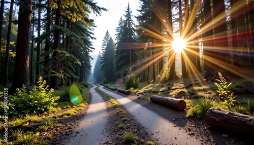 sunlit forest path with logs on road, on left, copy space on right.