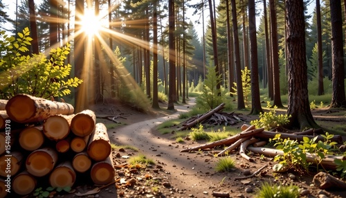 sunlit forest path with stack of logs position at the top of the image ample copy space at the bottom for text.