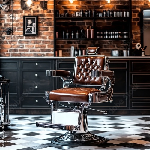 Stylish vintage barber chair. Professional hairstylist in barbershop interior. Barber shop chair. Barbershop armchair, modern hairdresser and hair salon, barber shop for men.