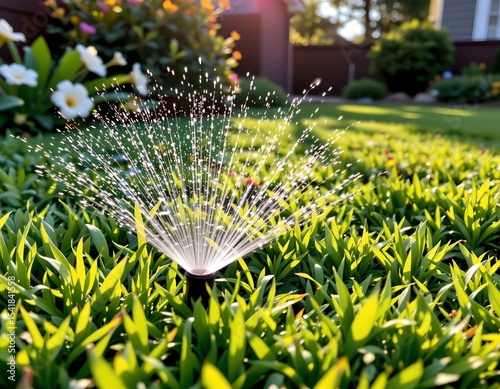 sprinkler watering green lawn in evening sunlight, on right, under dappled light, copy space on left.