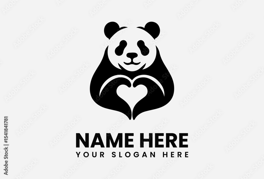 Fototapeta premium Stylized panda logo with hands forming a heart shape, text below.