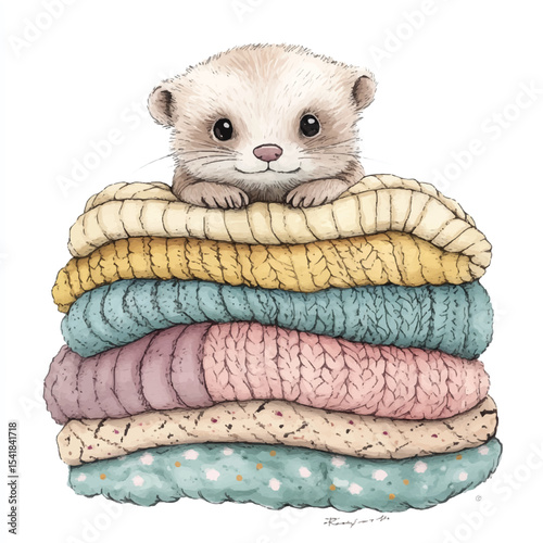 A Cute Ferret Nestled Amongst a Stack of Cozy Blankets