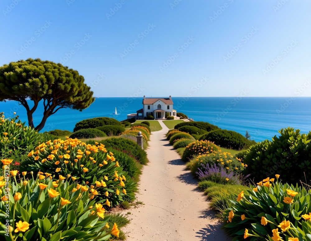 Naklejka premium aerial view of a coastal path leading to a white house with a beautiful blue sky above, positioned at the bottom with clear copy space at the top for photos.