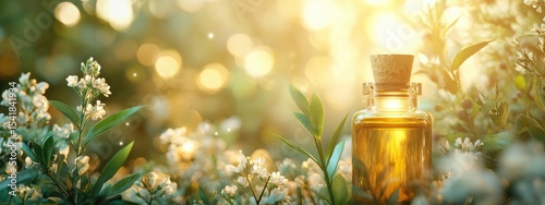 Natural Herbal Essential Oil Bottle Blooming Flowers Skincare Aromatherapy Wellness