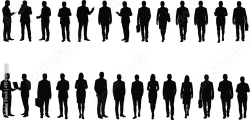 Silhouette of business people talking, walking, standing, in office attire, professional teamwork group concept, corporate meeting, communication pose vector