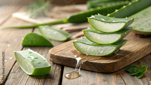 Fresh Aloe Vera Slices on Wooden Board Natural Skincare Ingredient Plant Based Remedy Health and Wellness