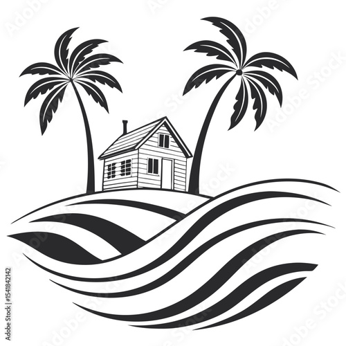 Vector illustration of a tropical house with palm trees and decorative landscape element