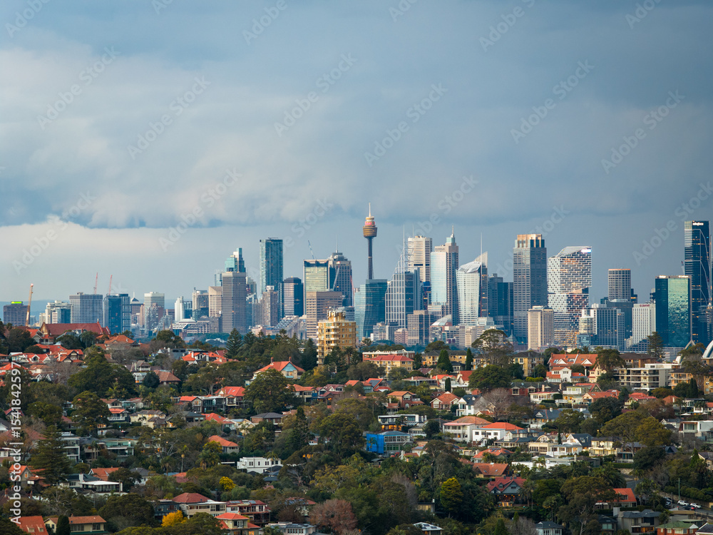 Obraz premium Drone aerial point of view cityscape Sydney skyline with skyscrapers office building and real estate housing