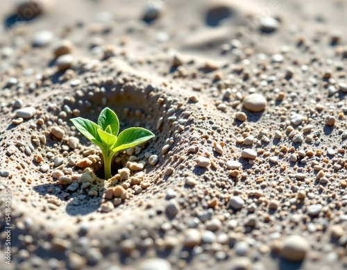 small green sprout emerging from sand on the left side of the frame, electric blue tones, ample copy space on the right.