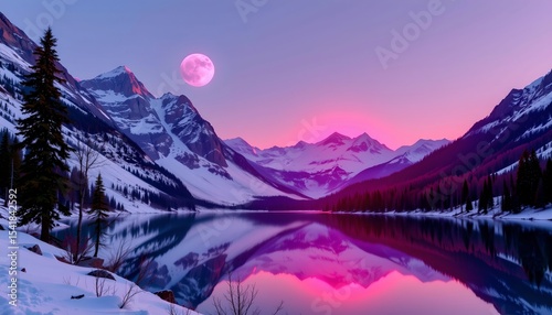 neon pink moons reflecting over snowy mountains and tranquil lake, at bottom with clear copy space at top, photo with neon tones.