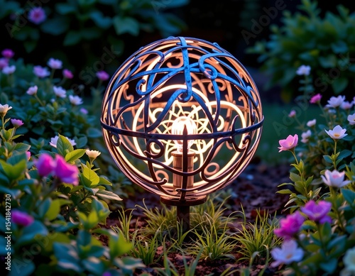 a round metal light sculpture glowing in a garden, at the bottom, under rim light, top of the image with clear copy space.