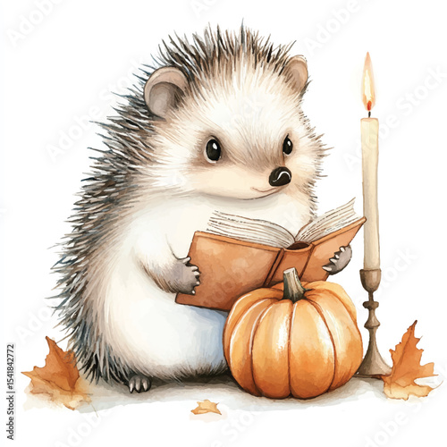 A Cute Hedgehog Reading a Book by a Candlelight with a Pumpkin