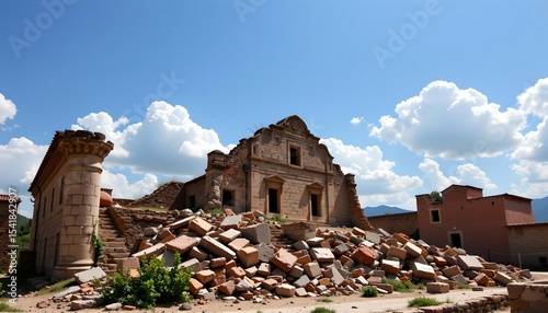 person standing on top of a collapsed old building copy space: ample space at the bottom for text notes: ensure the person is prominently positioned on the top of the collapsed bui