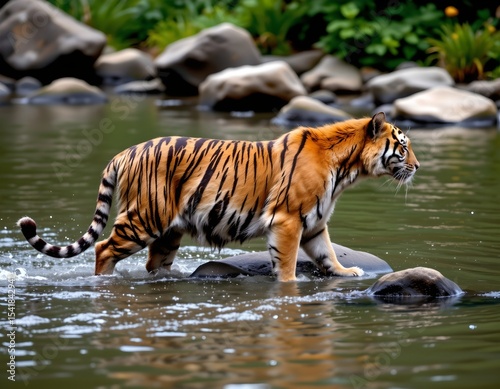 tiger wading in shallow river, rocks and lush greenery above water surface, on right, ample copy space on left.