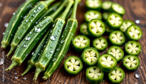 fresh okra pods and slices with water droplets on a wooden background, on the left with copy space on the right, under high noon.