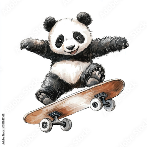 A Cute Panda Acrobatically Riding a Skateboard