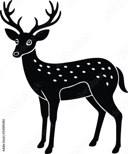 Black silhouette illustration of a spotted deer with antlers on a white background