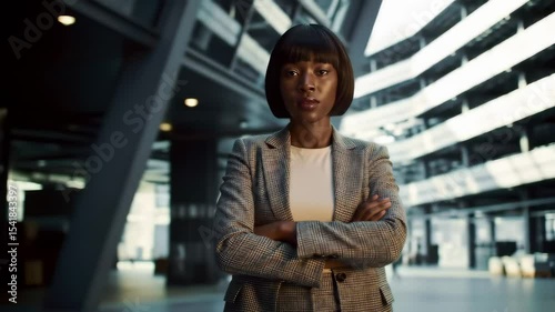 A poised and determined Black businesswoman stands confidently with arms crossed in a modern corporate building, embodying leadership and resilience.