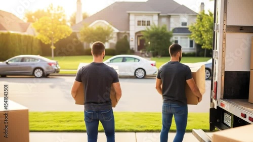 Two movers carry boxes from a moving truck to a house