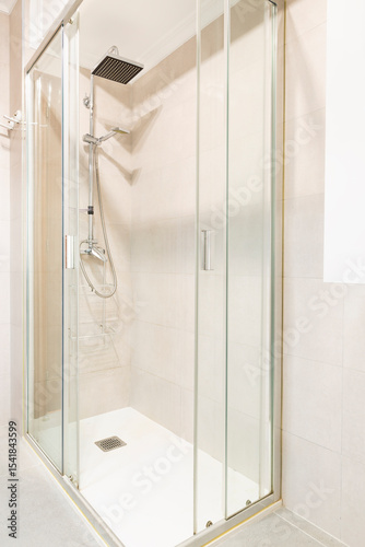 Aluminum corner shower with slim white shower tray,  square shower head, bathroom, shower screen