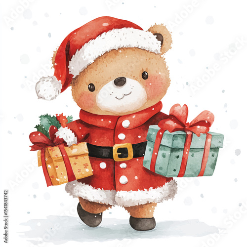A Cute Watercolor Bear in a Santa Outfit Carrying Christmas Gifts