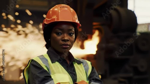 A powerful portrait of a Black female industrial worker in a hard hat and safety vest stands confidently in front of flying sparks at a factory.